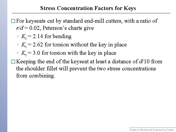 Stress Concentration Factors for Keys � For keyseats cut by standard end-mill cutters, with Stress Concentration Factors for Keys � For keyseats cut by standard end-mill cutters, with