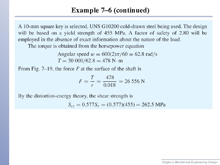 Example 7– 6 (continued) Shigley’s Mechanical Engineering Design Example 7– 6 (continued) Shigley’s Mechanical Engineering Design