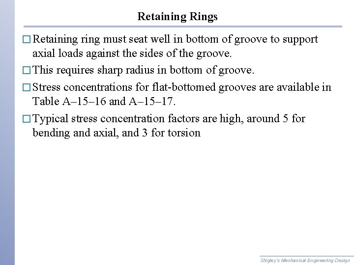 Retaining Rings � Retaining ring must seat well in bottom of groove to support Retaining Rings � Retaining ring must seat well in bottom of groove to support