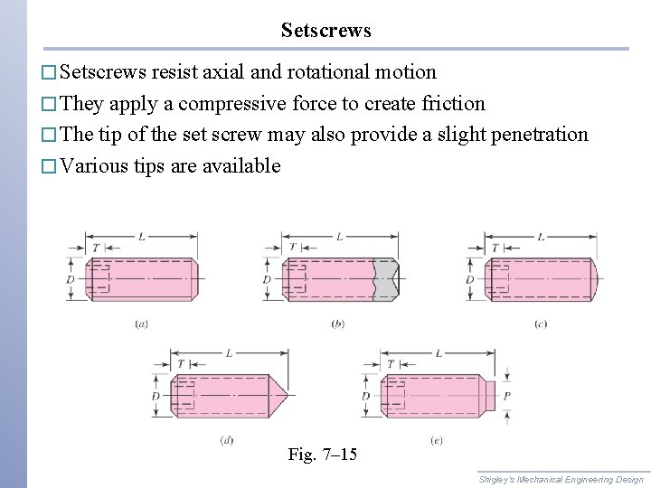 Setscrews � Setscrews resist axial and rotational motion � They apply a compressive force Setscrews � Setscrews resist axial and rotational motion � They apply a compressive force