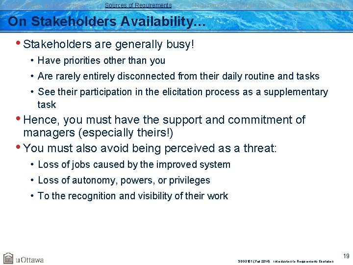 Goals, Risks, and Challenges Sources of Requirements Elicitation Tasks Elicitation Problems On Stakeholders Availability… Goals, Risks, and Challenges Sources of Requirements Elicitation Tasks Elicitation Problems On Stakeholders Availability…