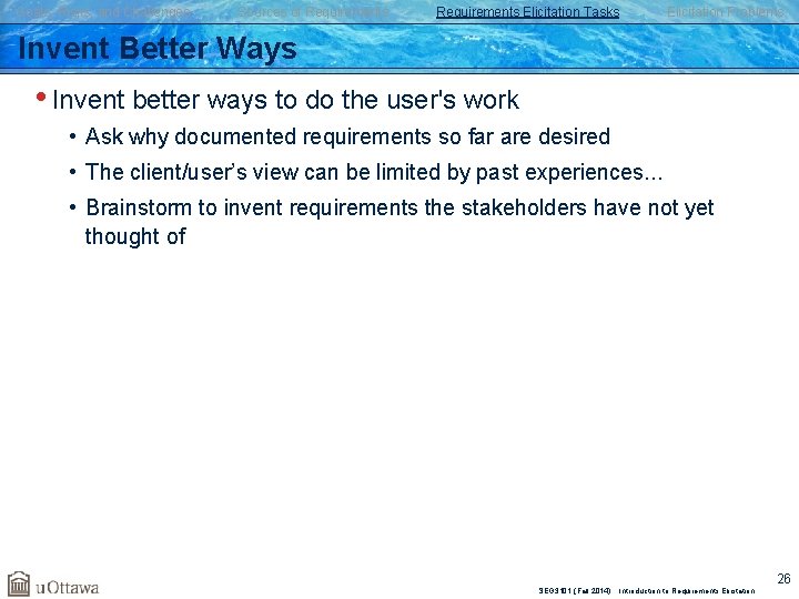 Goals, Risks, and Challenges Sources of Requirements Elicitation Tasks Elicitation Problems Invent Better Ways Goals, Risks, and Challenges Sources of Requirements Elicitation Tasks Elicitation Problems Invent Better Ways