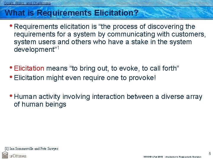 Goals, Risks, and Challenges Sources of Requirements Elicitation Tasks Elicitation Problems What is Requirements Goals, Risks, and Challenges Sources of Requirements Elicitation Tasks Elicitation Problems What is Requirements