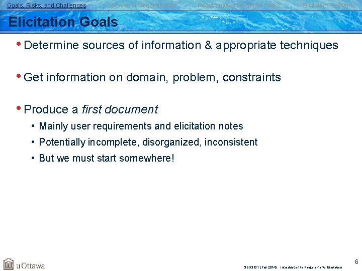 Goals, Risks, and Challenges Sources of Requirements Elicitation Tasks Elicitation Problems Elicitation Goals • Goals, Risks, and Challenges Sources of Requirements Elicitation Tasks Elicitation Problems Elicitation Goals •