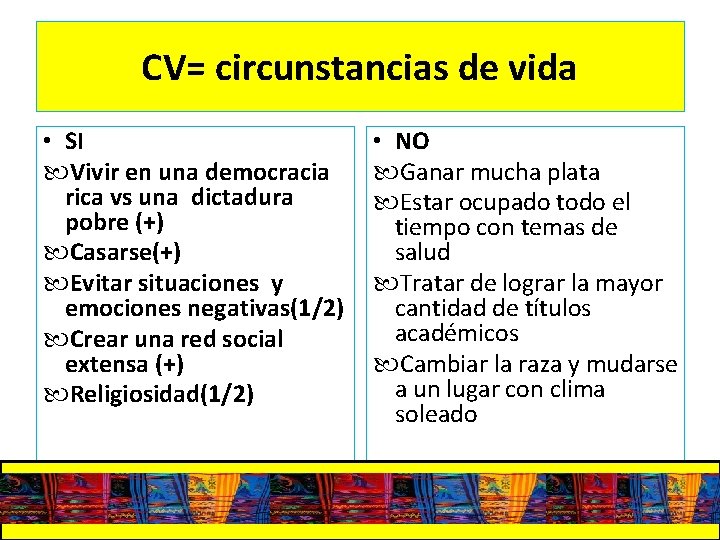 CV= circunstancias de vida • SI Vivir en una democracia rica vs una dictadura