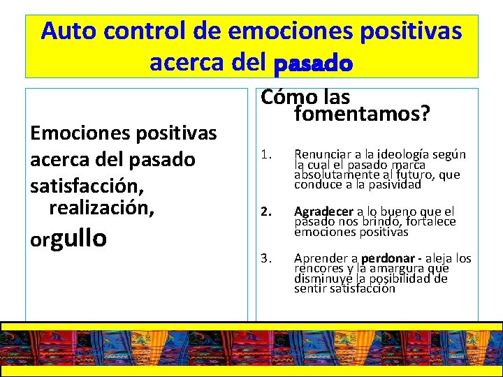 Auto control de emociones positivas acerca del pasado Emociones positivas acerca del pasado satisfacción,