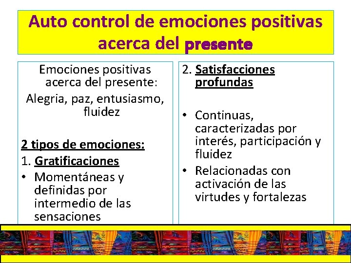 Auto control de emociones positivas acerca del presente Emociones positivas acerca del presente: Alegria,