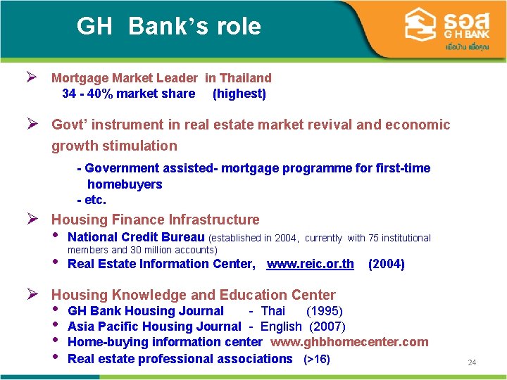 GH Bank’s role Ø Mortgage Market Leader in Thailand 34 - 40% market share