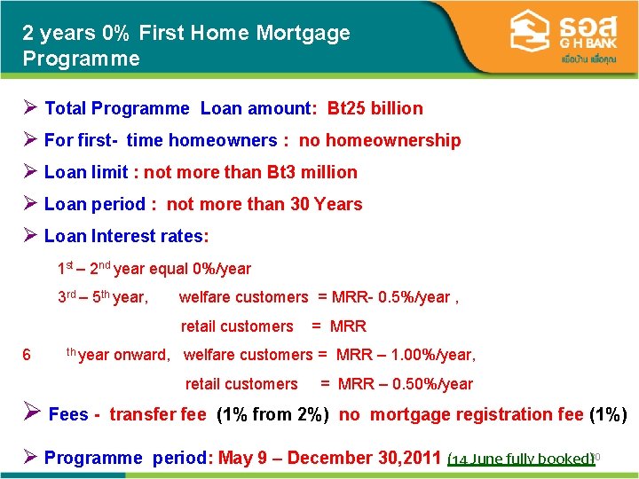 2 years 0% First Home Mortgage Programme Ø Total Programme Loan amount: Bt 25