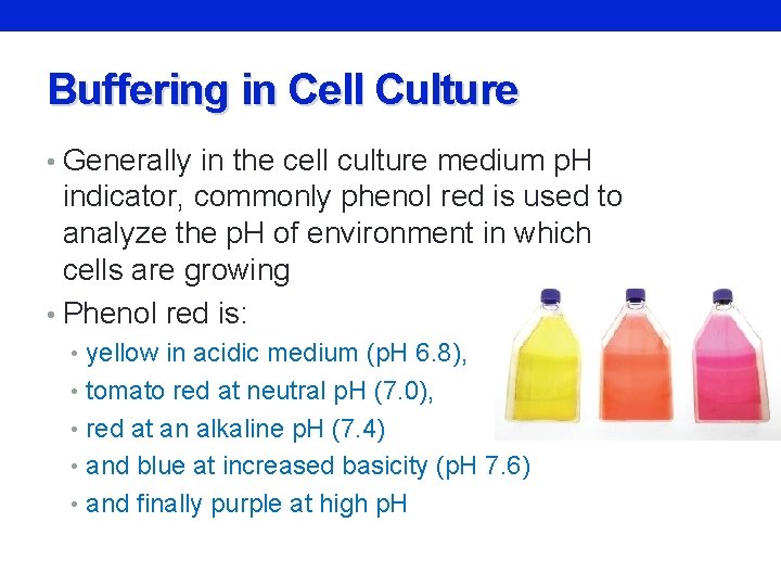 Buffering in Cell Culture • Generally in the cell culture medium p. H indicator,
