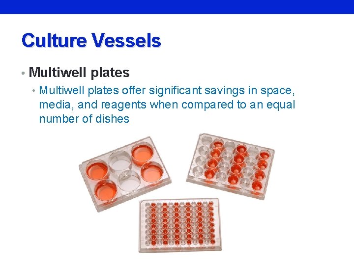 Culture Vessels • Multiwell plates offer significant savings in space, media, and reagents when