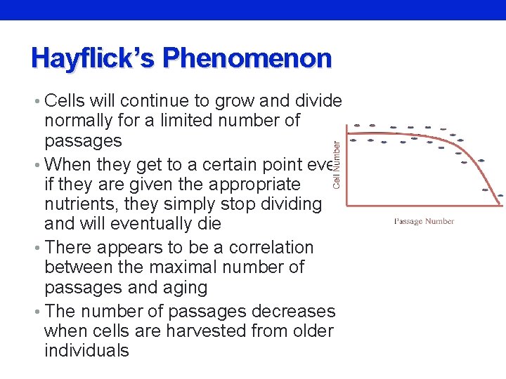 Hayflick’s Phenomenon • Cells will continue to grow and divide normally for a limited