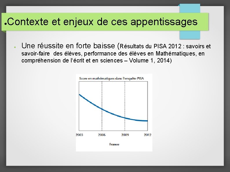 ● Contexte et enjeux de ces appentissages ● Une réussite en forte baisse (Résultats