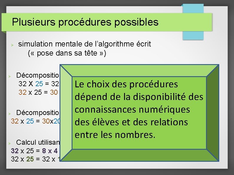 Plusieurs procédures possibles Ø Ø simulation mentale de l’algorithme écrit ( « pose dans