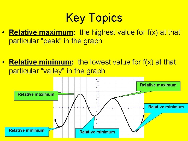 Key Topics • Relative maximum: the highest value for f(x) at that particular “peak”