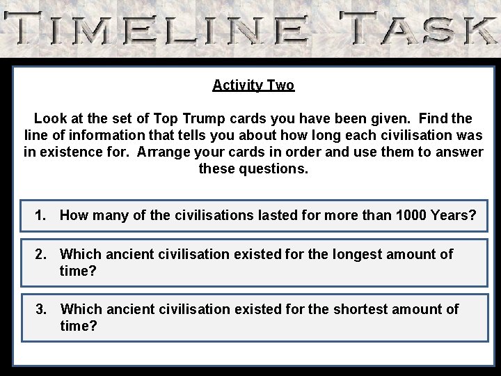Activity Two Look at the set of Top Trump cards you have been given.