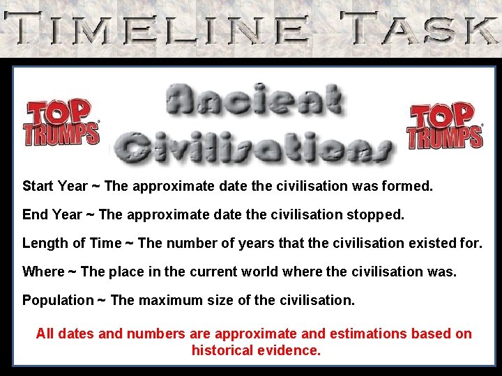 Start Year ~ The approximate date the civilisation was formed. End Year ~ The