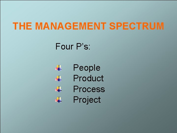 THE MANAGEMENT SPECTRUM Four P’s: People Product Process Project 