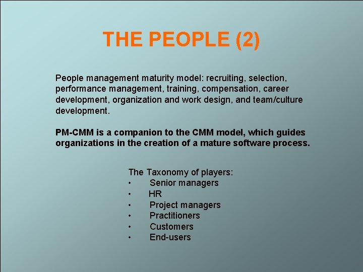 THE PEOPLE (2) People management maturity model: recruiting, selection, performance management, training, compensation, career