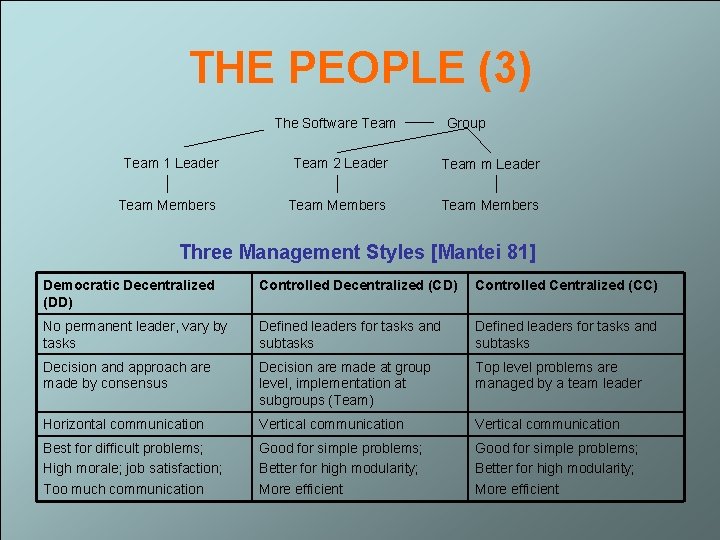THE PEOPLE (3) The Software Team Group Team 1 Leader Team 2 Leader Team