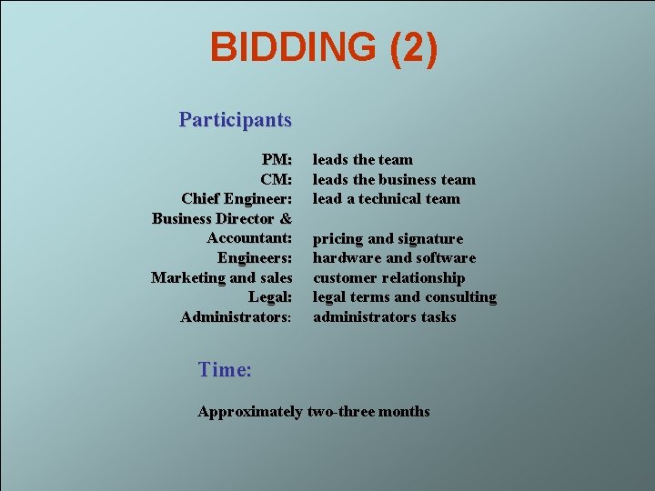 BIDDING (2) Participants PM: Chief Engineer: Business Director & Accountant: Engineers: Marketing and sales