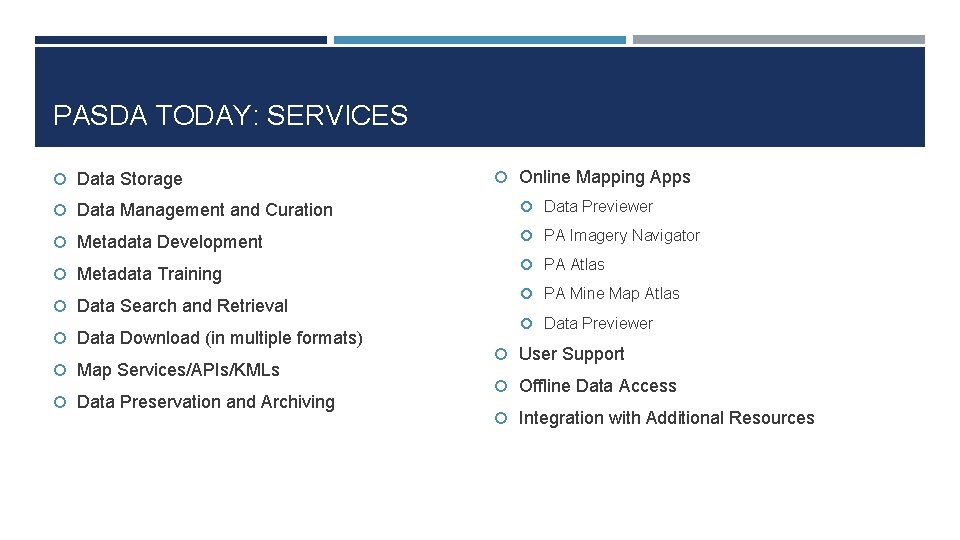 PASDA TODAY: SERVICES Data Storage Online Mapping Apps Data Management and Curation Data Previewer