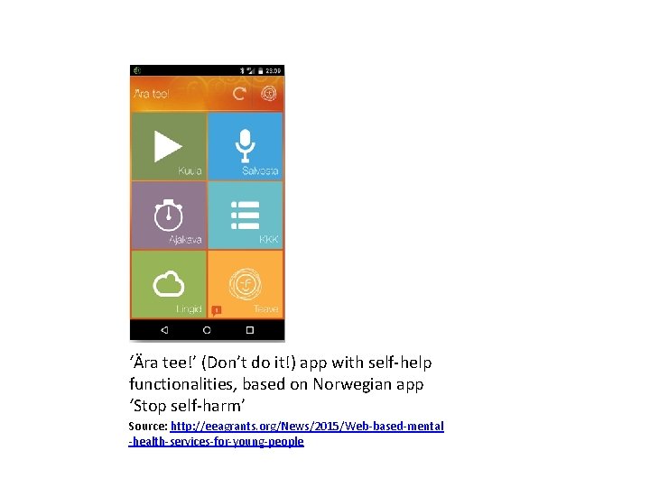 ‘Ära tee!’ (Don’t do it!) app with self-help functionalities, based on Norwegian app ‘Stop