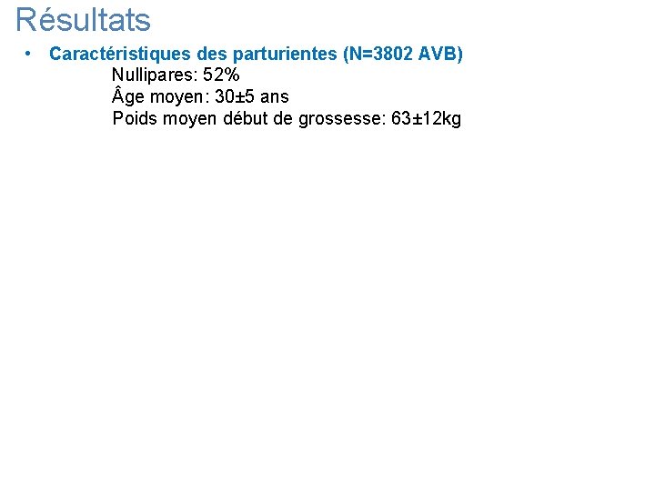 Résultats • Caractéristiques des parturientes (N=3802 AVB) Nullipares: 52% ge moyen: 30± 5 ans