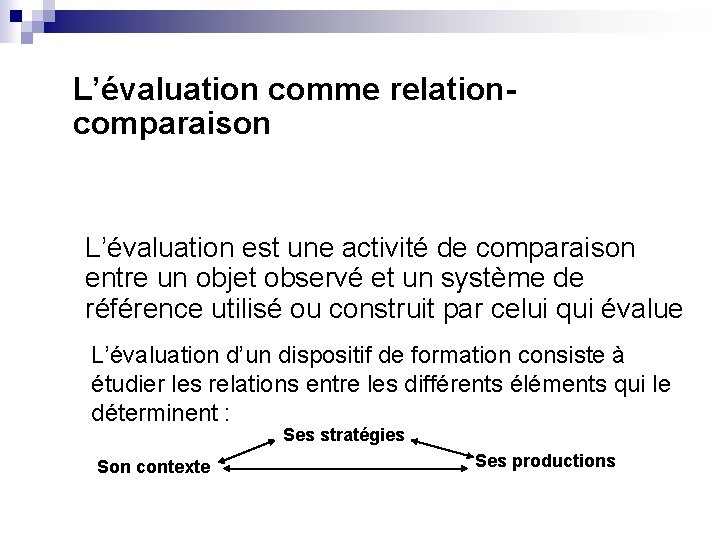 L’évaluation comme relationcomparaison L’évaluation est une activité de comparaison entre un objet observé et