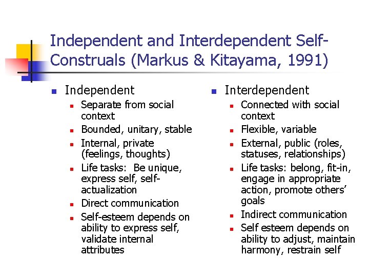 Independent and Interdependent Self. Construals (Markus & Kitayama, 1991) n Independent n n n