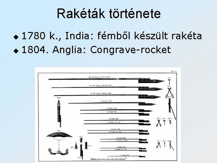 Rakéták története 1780 k. , India: fémből készült rakéta u 1804. Anglia: Congrave-rocket u