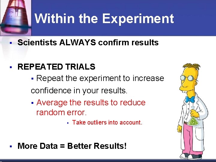 Within the Experiment Scientists ALWAYS confirm results REPEATED TRIALS Repeat the experiment to increase Within the Experiment Scientists ALWAYS confirm results REPEATED TRIALS Repeat the experiment to increase