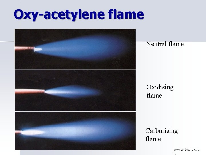 Oxy-acetylene flame Neutral flame Oxidising flame Carburising flame www. twi. co. u 