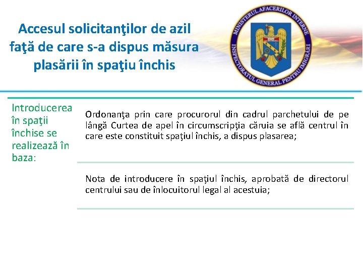 Accesul solicitanţilor de azil faţă de care s-a dispus măsura plasării în spaţiu închis