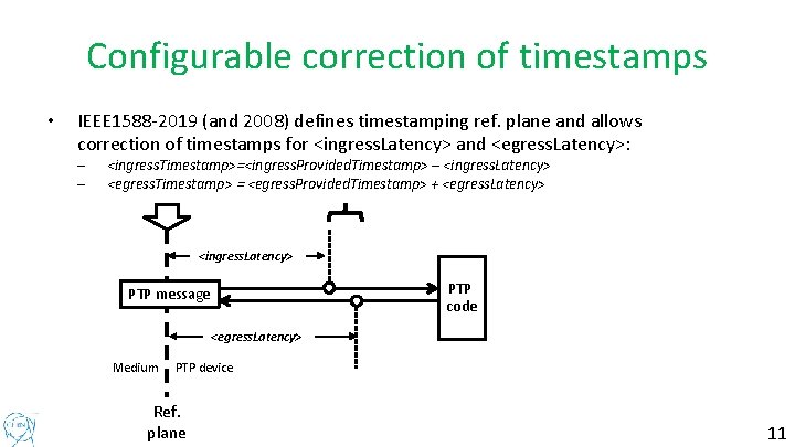 Configurable correction of timestamps • IEEE 1588 -2019 (and 2008) defines timestamping ref. plane