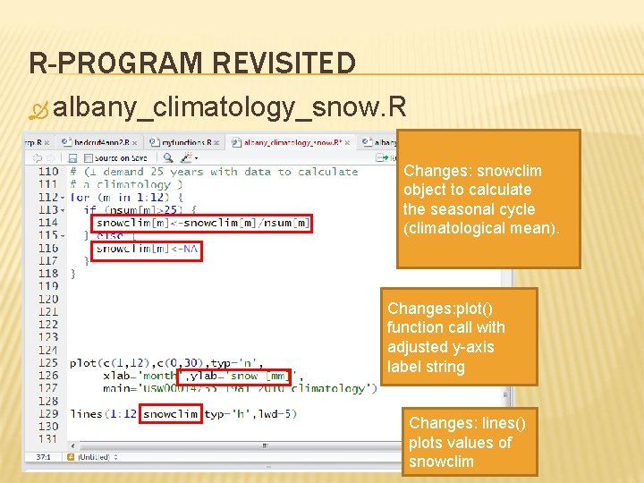 R-PROGRAM REVISITED albany_climatology_snow. R Changes: snowclim object to calculate the seasonal cycle (climatological mean).