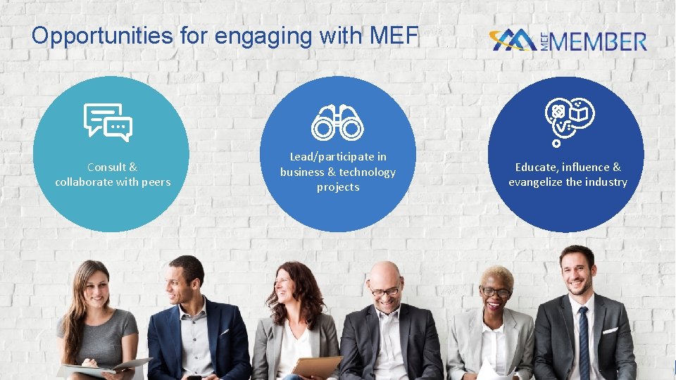 Opportunities for engaging with MEF Consult & collaborate with peers Lead/participate in business &