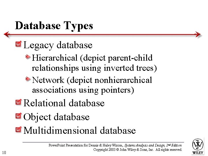 Database Types Legacy database Hierarchical (depict parent-child relationships using inverted trees) Network (depict nonhierarchical
