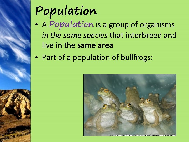 Population • A Population is a group of organisms in the same species that