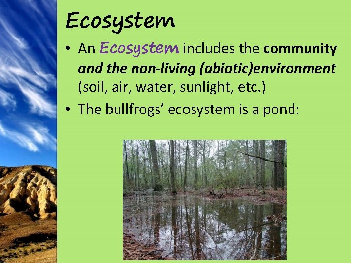 Ecosystem • An Ecosystem includes the community and the non-living (abiotic)environment (soil, air, water,