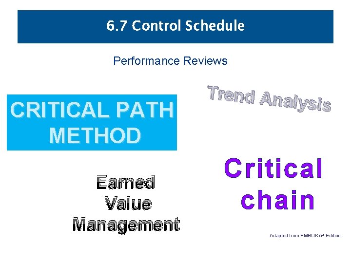 6. 7 Control Schedule Performance Reviews CRITICAL PATH METHOD Earned Value Management Trend Ana