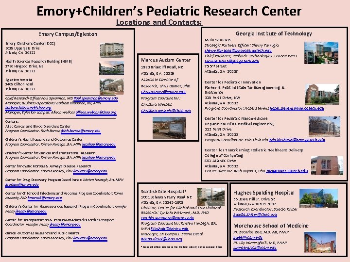 Emory+Children’s Pediatric Research Center Locations and Contacts: Georgia Institute of Technology Emory Campus/Egleston Emory-Children’s