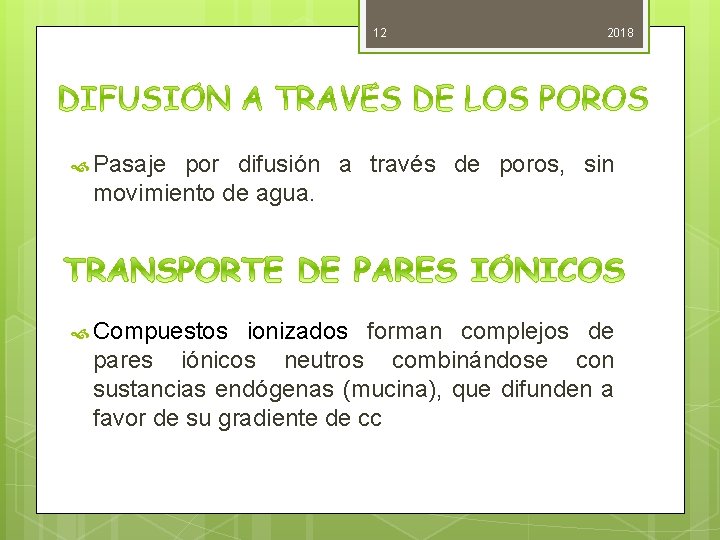 12 2018 Pasaje por difusión a través de poros, sin movimiento de agua. Compuestos