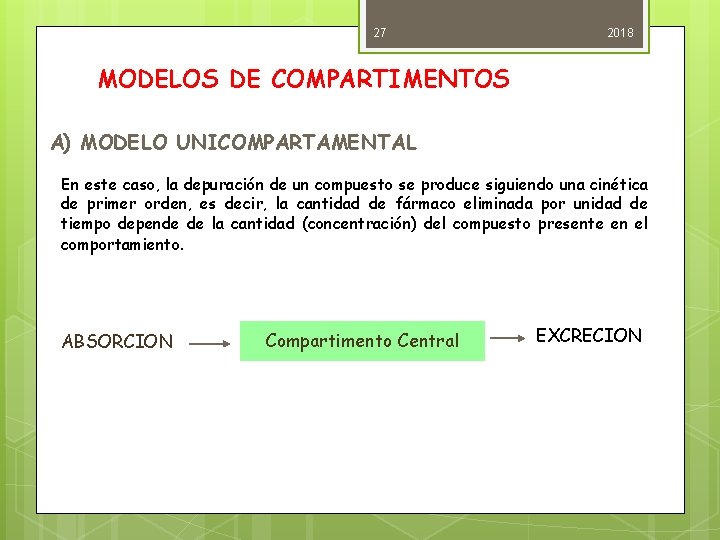 27 2018 MODELOS DE COMPARTIMENTOS A) MODELO UNICOMPARTAMENTAL En este caso, la depuración de