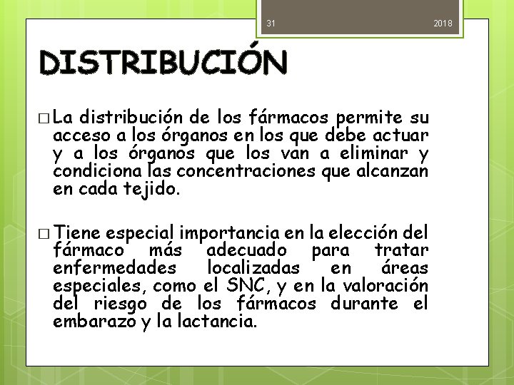 31 DISTRIBUCIÓN � La distribución de los fármacos permite su acceso a los órganos