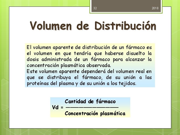 32 2018 Volumen de Distribución El volumen aparente de distribución de un fármaco es