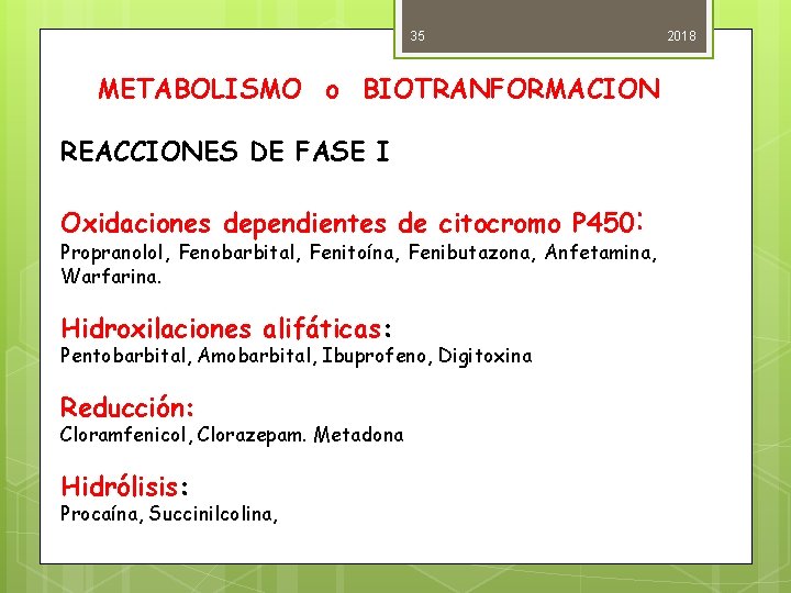 35 METABOLISMO o BIOTRANFORMACION REACCIONES DE FASE I Oxidaciones dependientes de citocromo P 450: