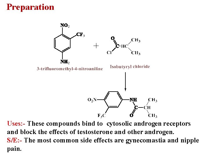 Preparation Uses: - These compounds bind to cytosolic androgen receptors and block the effects