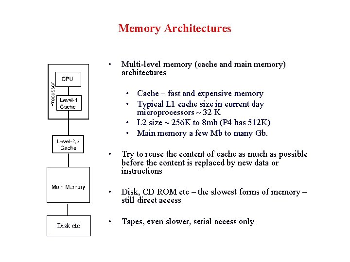 Memory Architectures • Multi-level memory (cache and main memory) architectures • Cache – fast