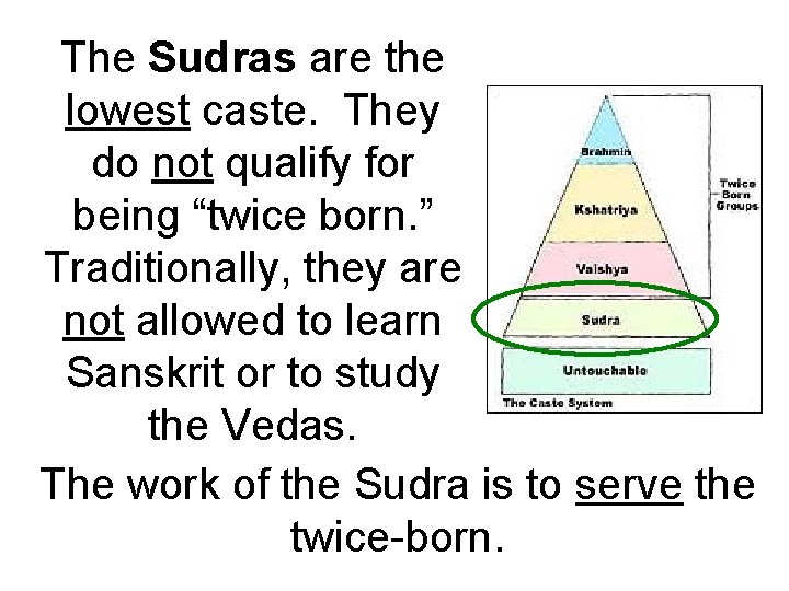 The Sudras are the lowest caste. They do not qualify for being “twice born. The Sudras are the lowest caste. They do not qualify for being “twice born.